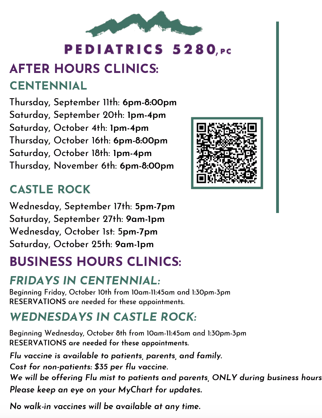 Flyer for Pediatrics 5280, Inc. clinic hours, Centennial & Castle Rock, after-hours and business hour clinics.