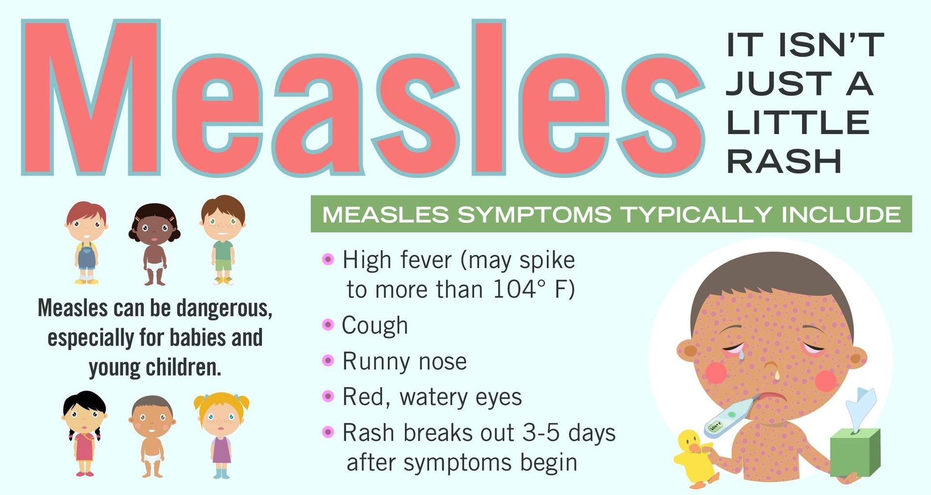A poster about measles with a picture of a child with a thermometer in his mouth.
