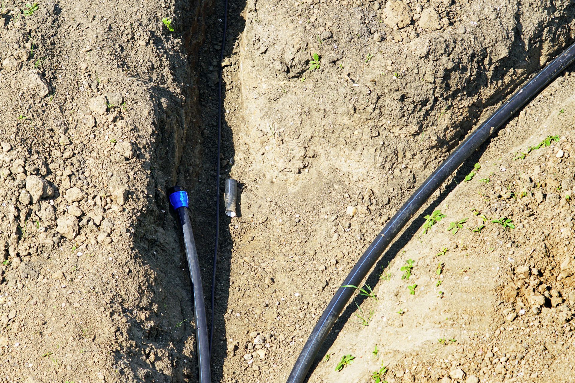 Black irrigation hose and blue sprinkler nozzle running through a dirt trench outdoors Black irrigation hose and blue sprinkler nozzle running through a dirt trench outdoors