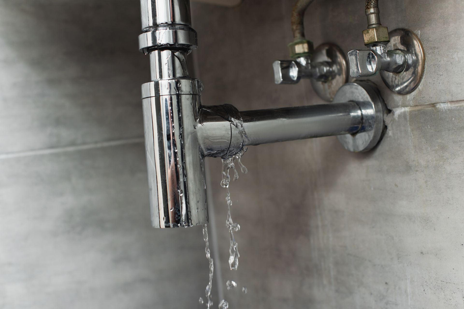 Leaking chrome pipe under a sink, water dripping onto a gray wall. Leaking chrome pipe under a sink, water dripping onto a gray wall.