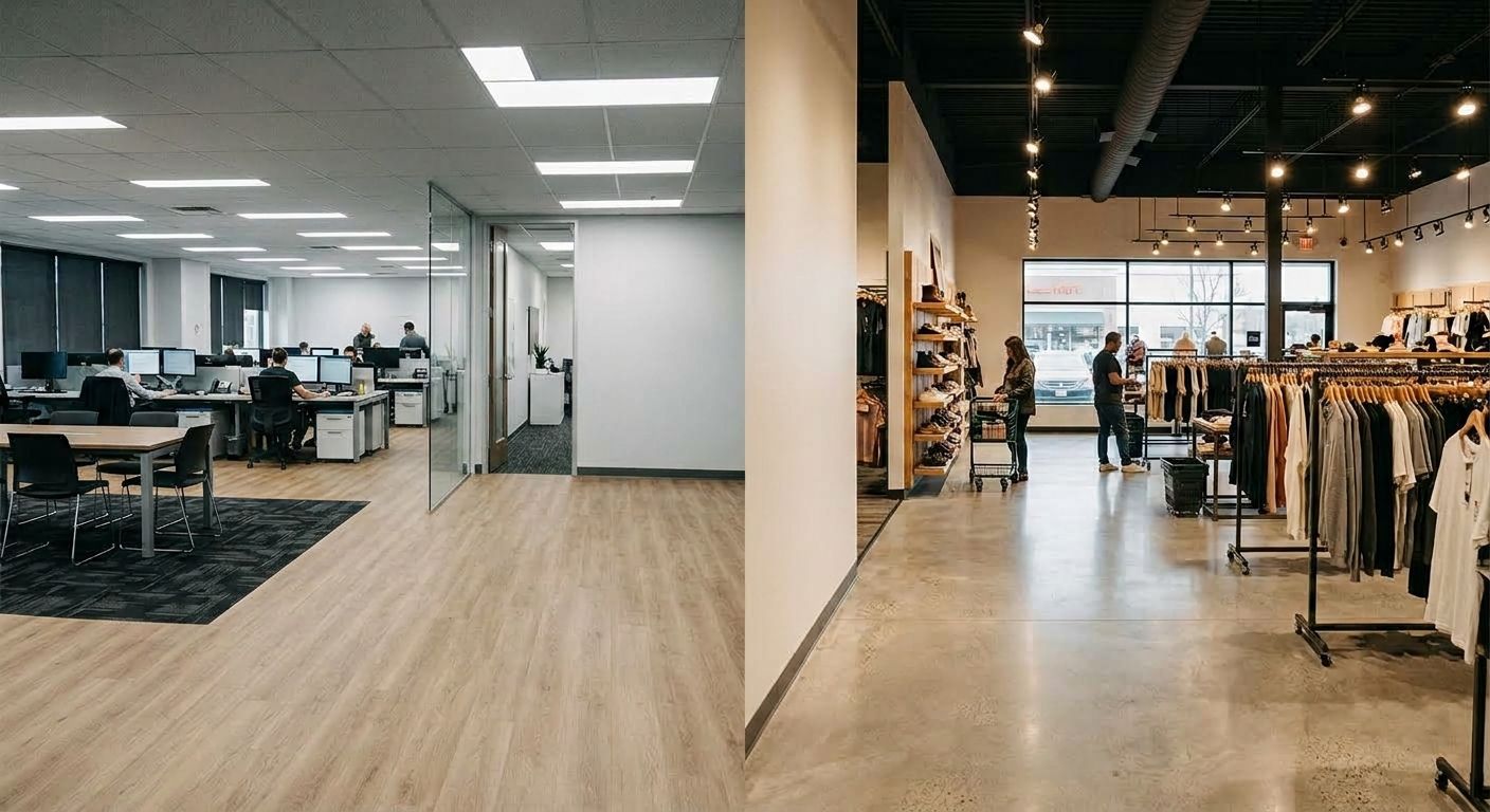 Open office with desks on the left and a clothing retail area on the right