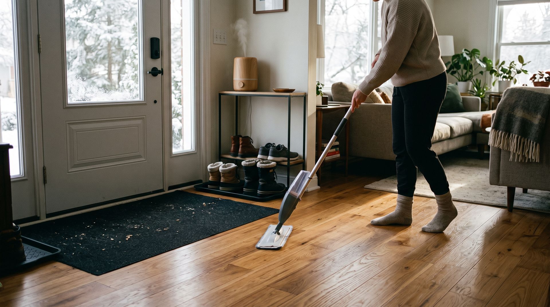 Person mopping a hardwood floor in a bright living room near the front door