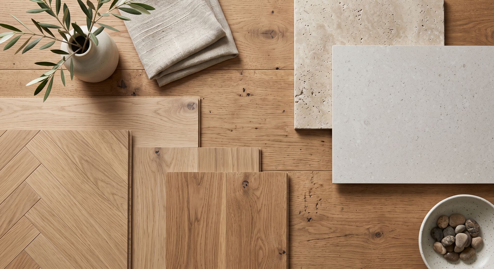 Wood samples and neutral tiles arranged on a wooden surface with a small plant and bowl of pebbles