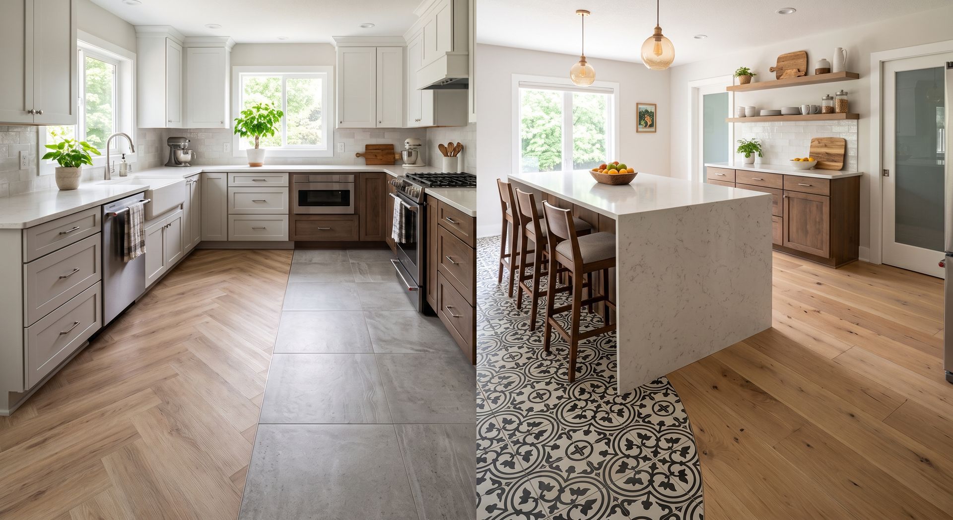 Bright modern kitchen with white cabinets, wood floors, island seating, and patterned tile flooring