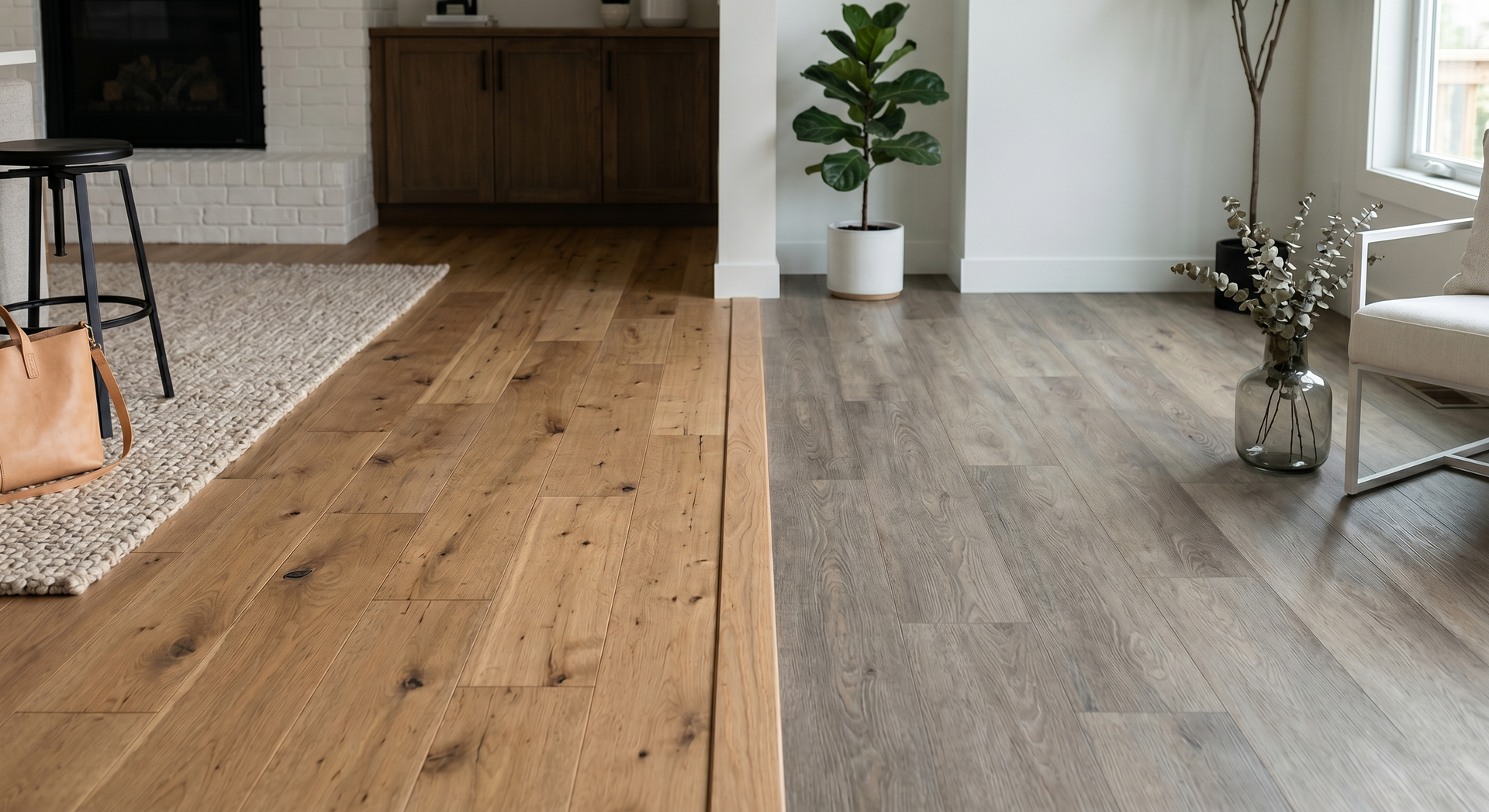 Split view of wood flooring samples in a modern room, showing warm brown and gray tones side by side