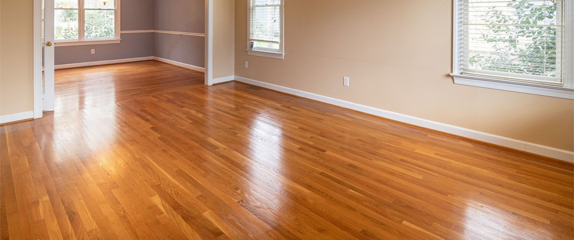 Empty living room with polished hardwood floors and large windows letting in natural light