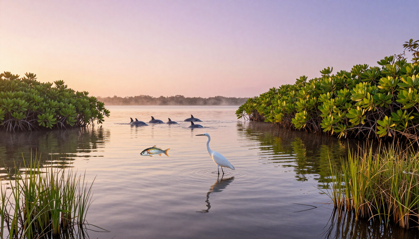 White heron in a calm mangrove lagoon at sunrise, with distant birds gliding over still water.