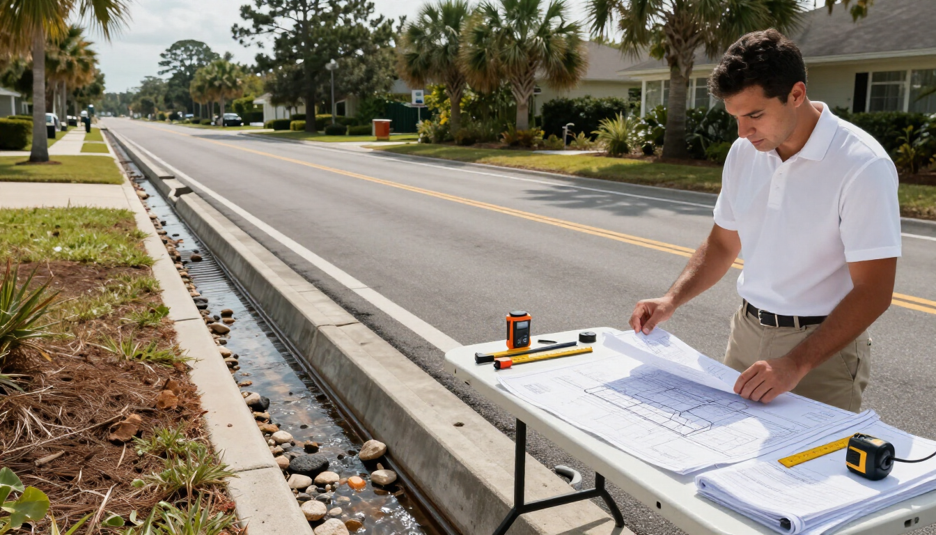 Surveyor reviewing plans beside a roadside drainage channel on a sunny street