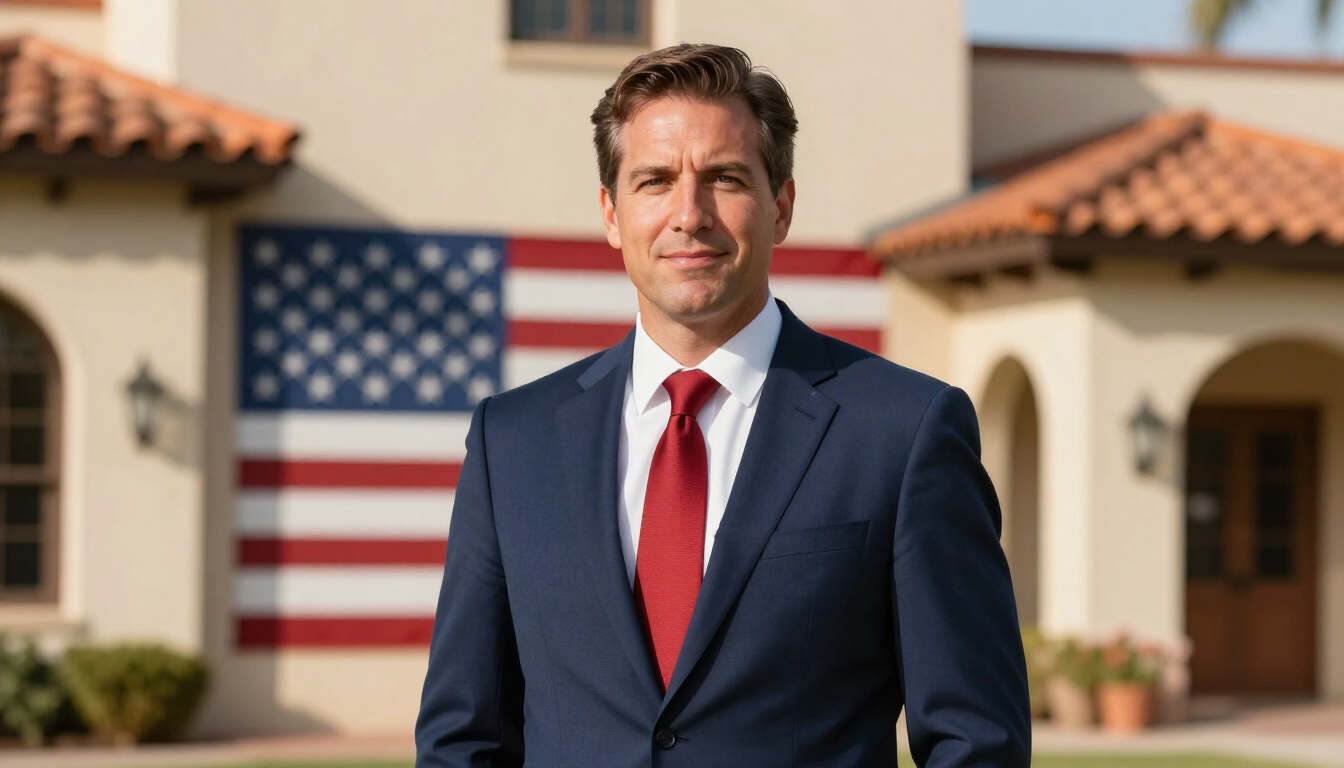 Man in navy suit and red tie standing in front of a house with an American flag backdrop