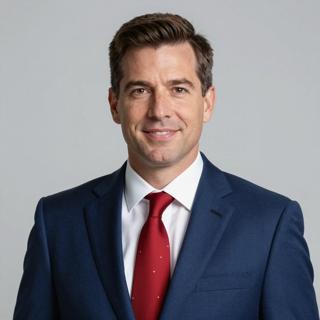 Portrait of a smiling man in a blue suit, white shirt, and red tie against a gray background