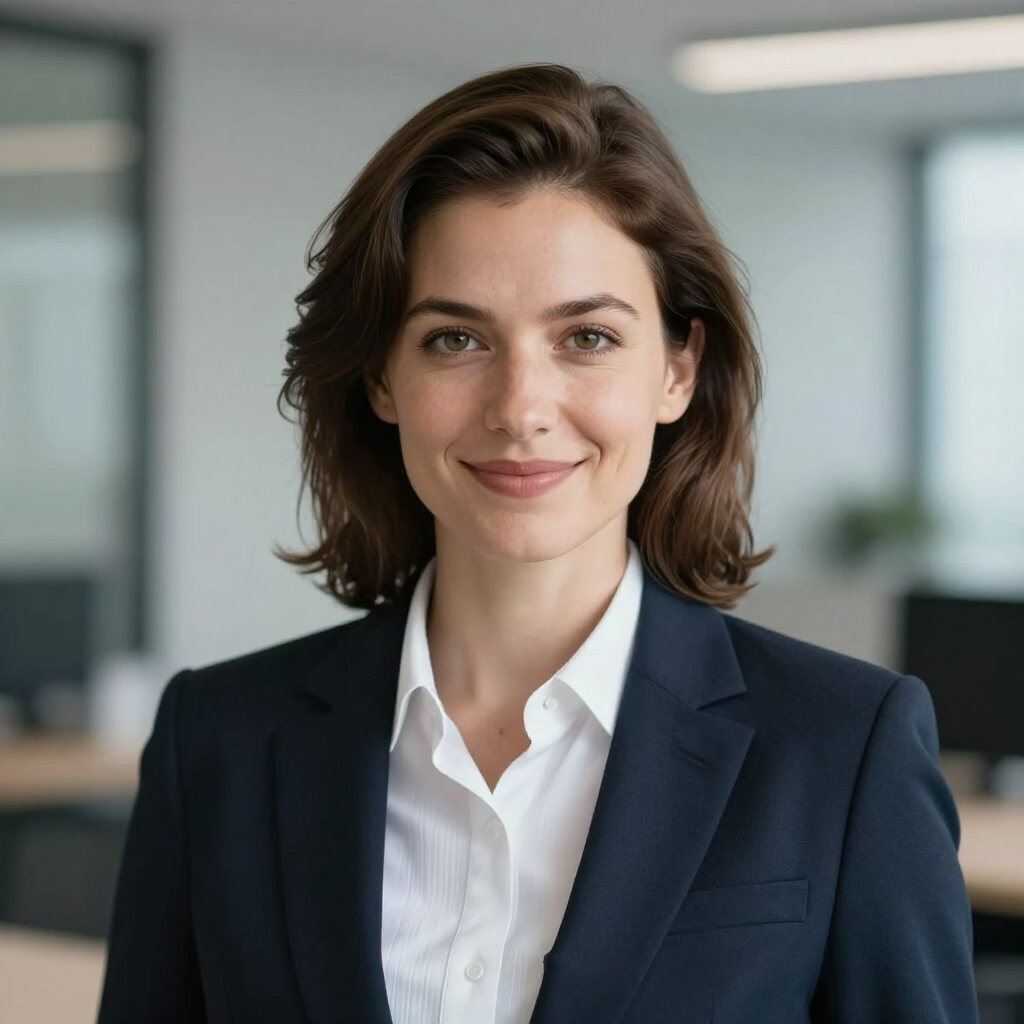 Professional woman in a navy blazer and white shirt, smiling in a bright office setting