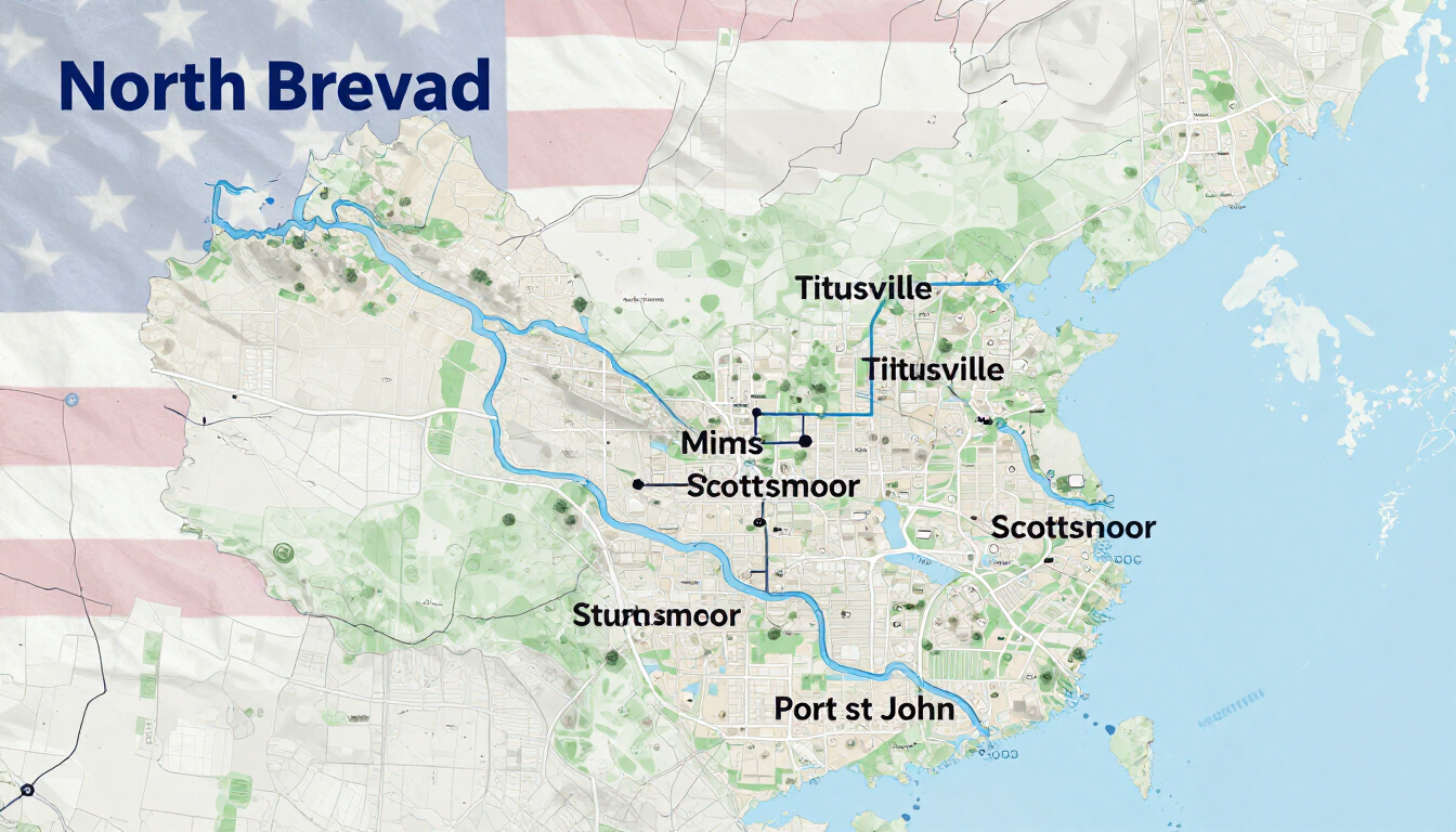 Map of North Brevard County with town names and blue route lines over a faint U.S. flag background