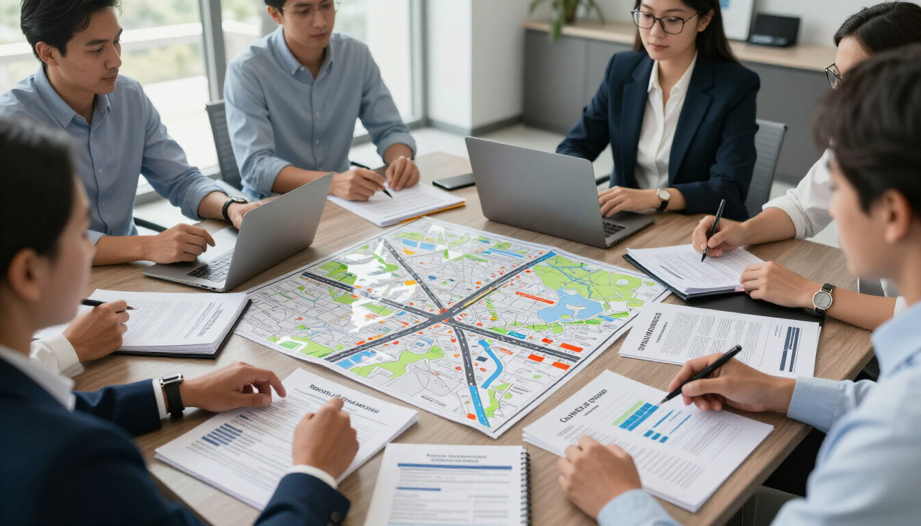 Team meeting around a table reviewing a large map with laptops and documents in an office.