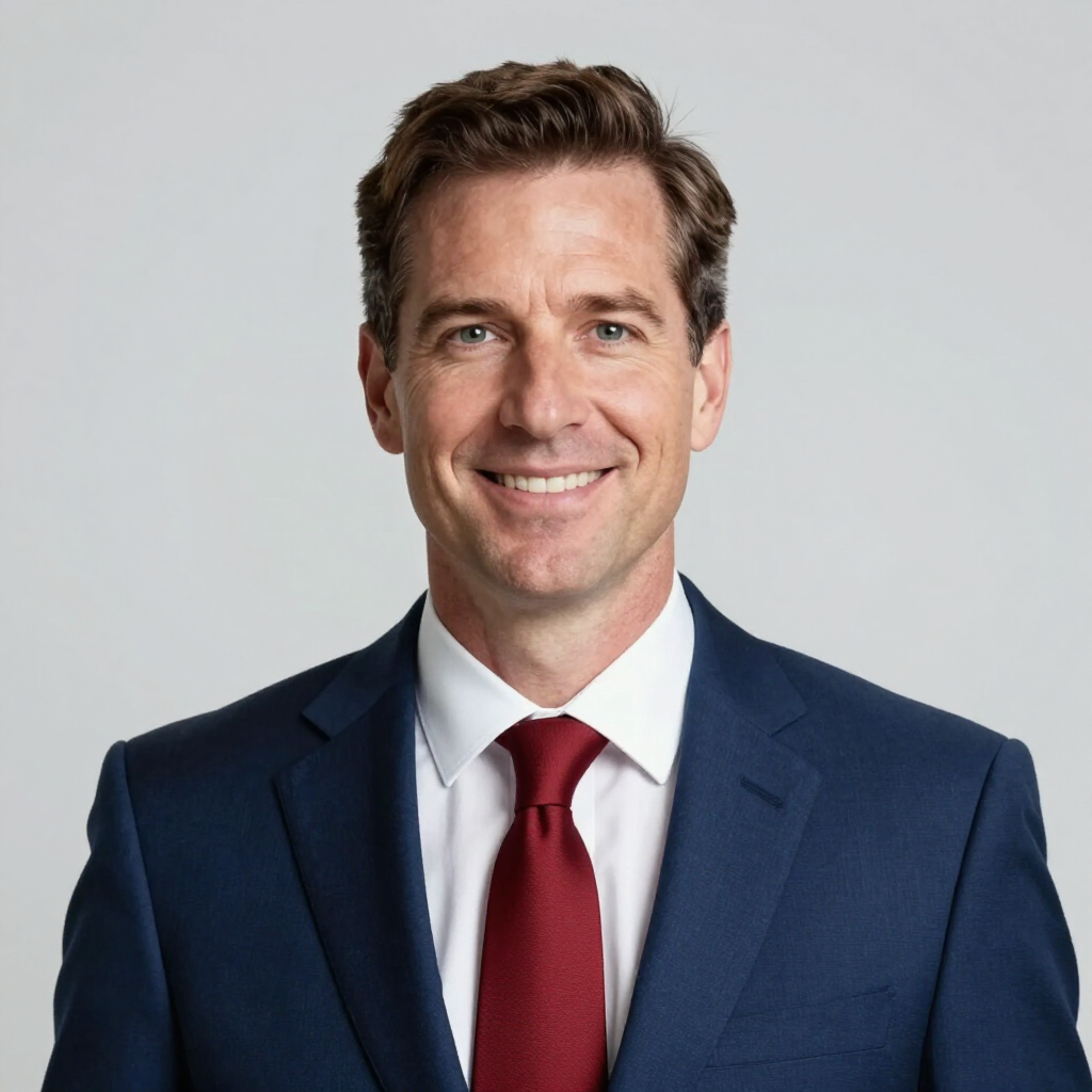 Smiling man in a blue suit and red tie against a light gray background