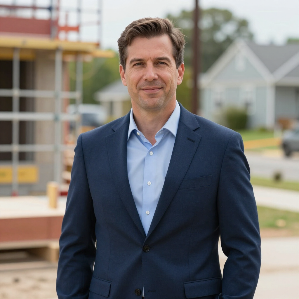 Man in a navy suit standing outdoors at a construction site, smiling at the camera