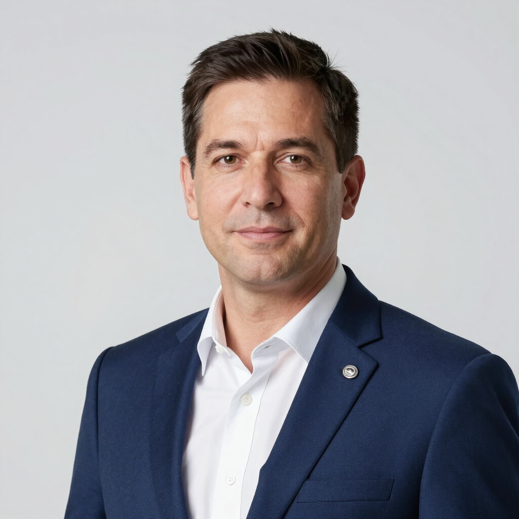 Portrait of a man in a navy suit and white shirt against a light gray background