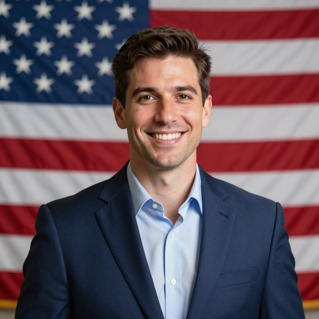 Smiling man in blue blazer standing before a U.S. flag backdrop