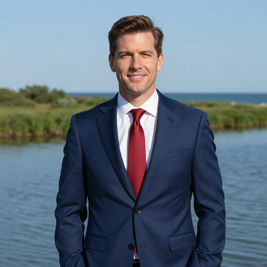 Man in navy suit and red tie standing outdoors by the water under a clear sky.