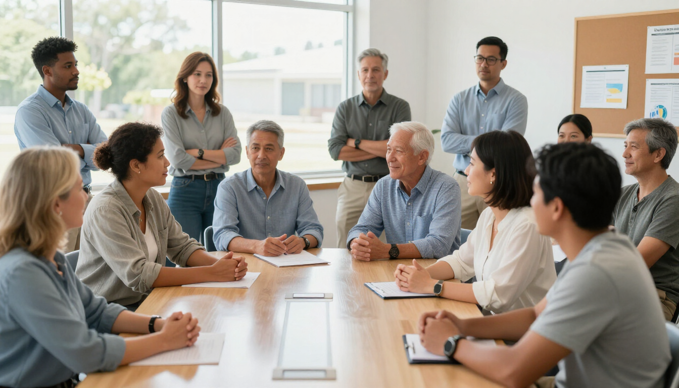 Team meeting in a bright conference room, people seated around a table with two standing at the front.