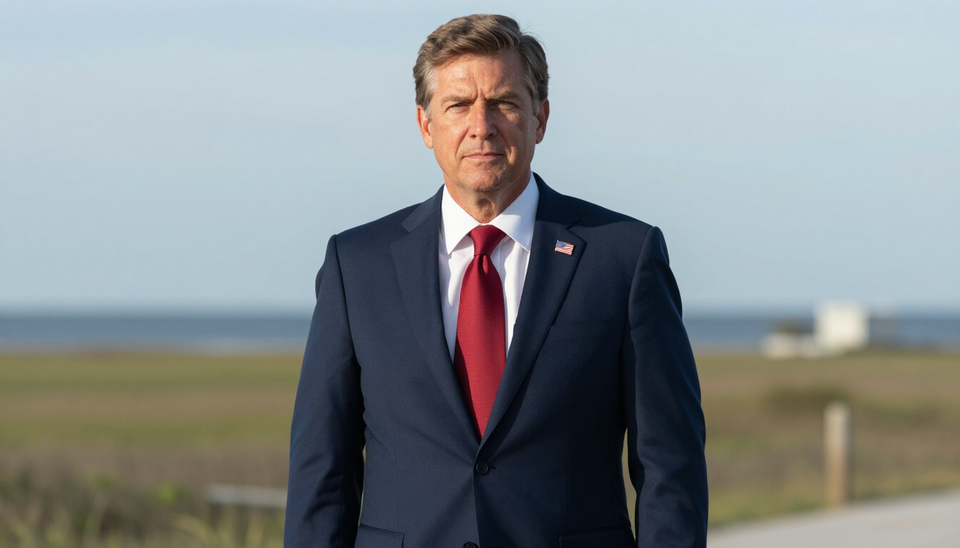 Man in navy suit and red tie standing outdoors near a runway or open field