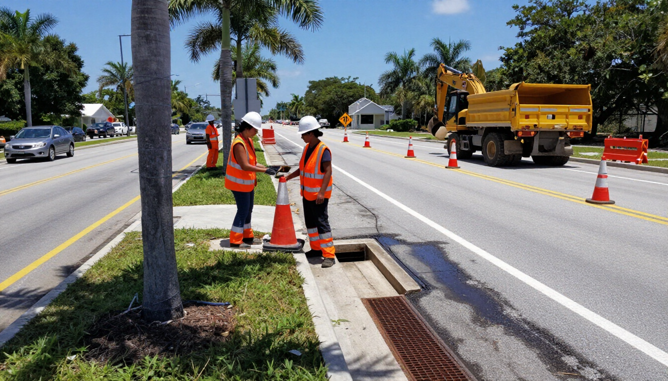 Road workers in orange vests repairing a street near a storm drain, with a dump truck and traffic cones.