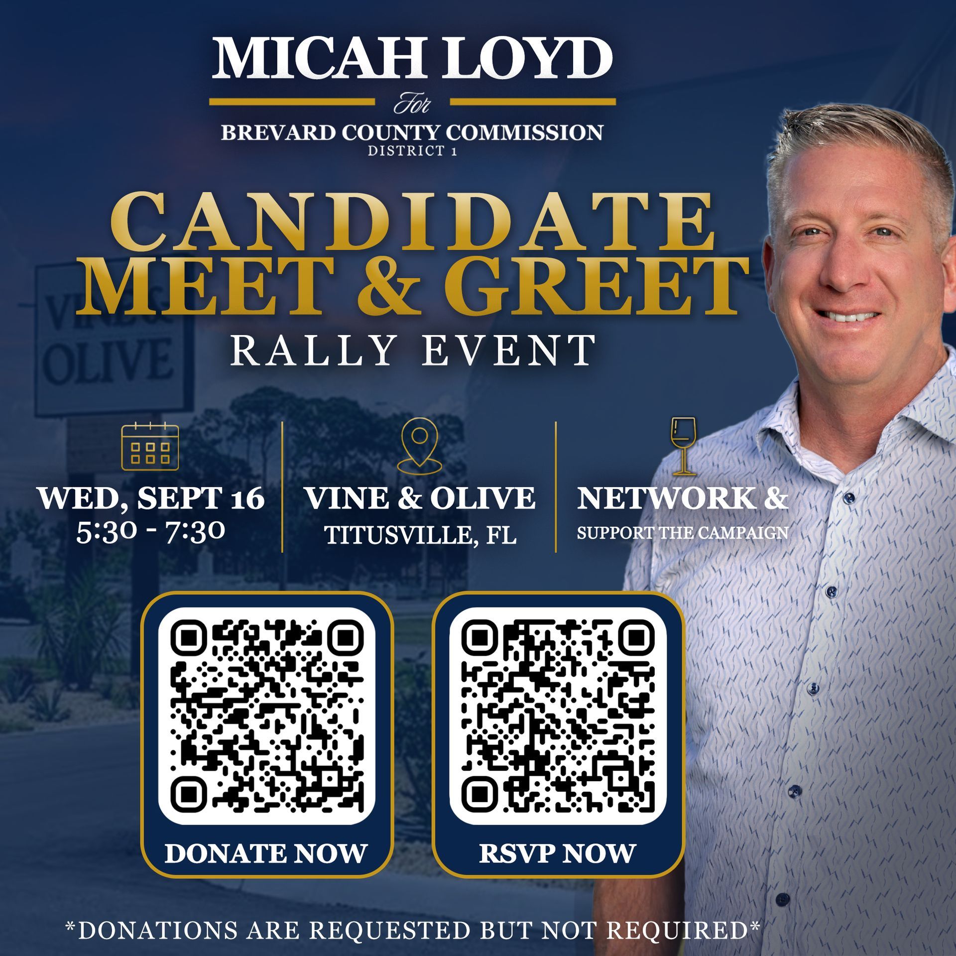 Micah Loyd candidate meet & greet rally event poster with date, venue, and QR codes for donate now and RSVP now