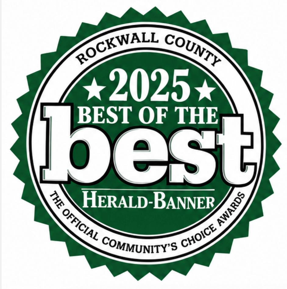 Green-and-white “2025 Best of the Best” Rockwall County Herald-Banner award badge