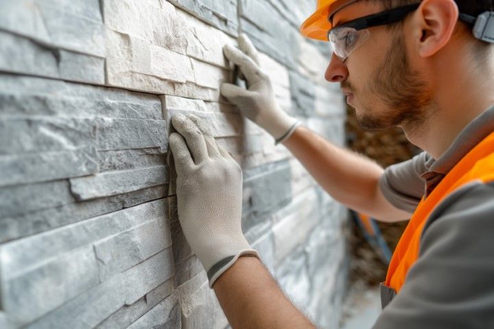 Worker in orange vest and hard hat installing gray stone veneer on an exterior wall