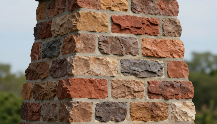 Close-up of a stone-and-brick chimney with irregular red, tan, and gray masonry.