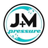 J+M Pressure logo in black and teal with water splashes on a white circular background