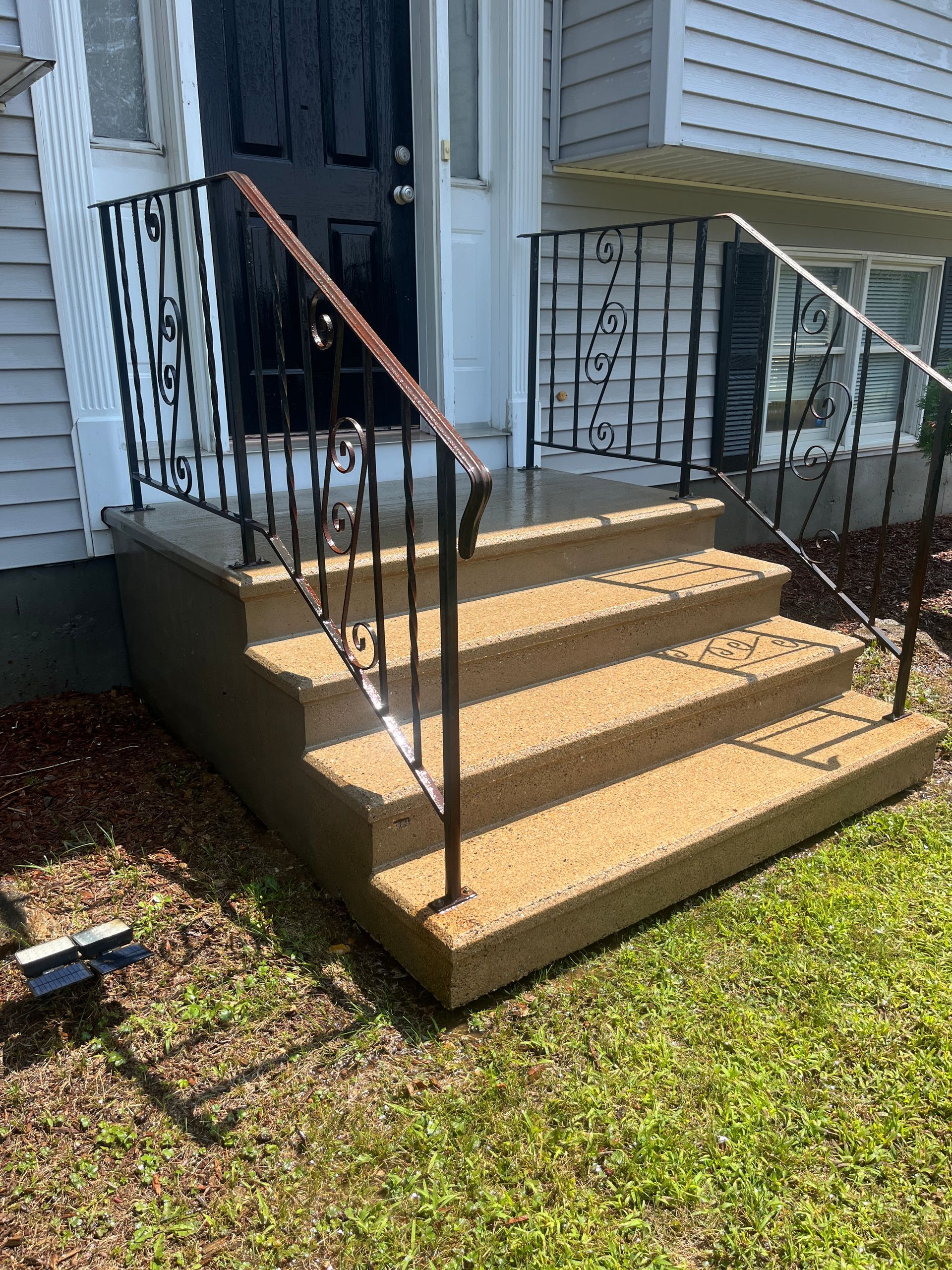 Front porch steps with black railings and beige carpeted stairs leading to a white house entrance