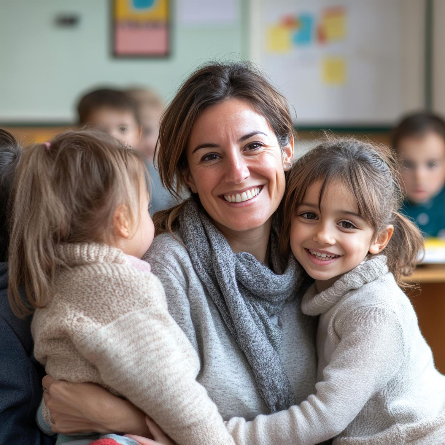 Smiling woman hugging two children in a classroom