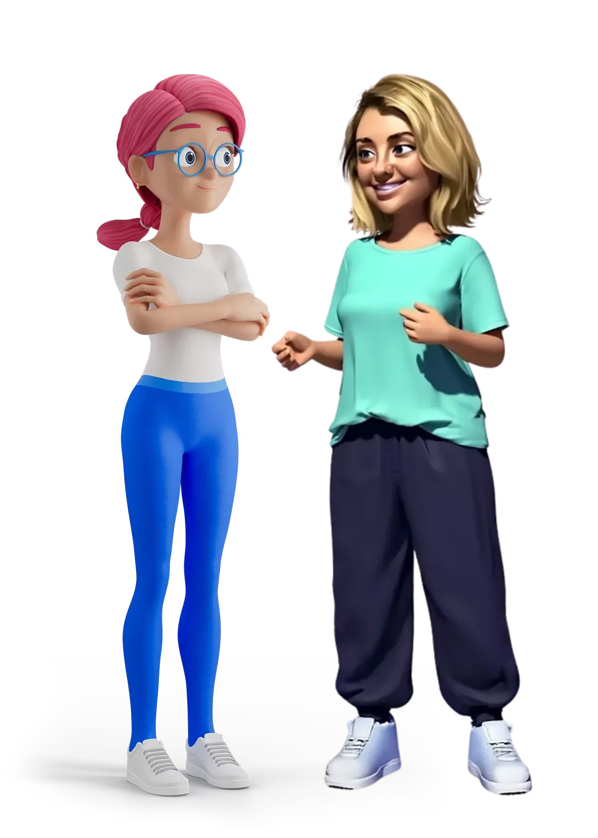 Two smiling cartoon people standing and chatting
