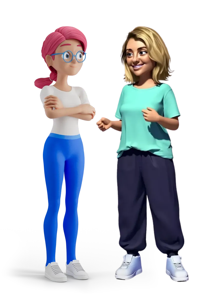Two smiling cartoon people standing and chatting