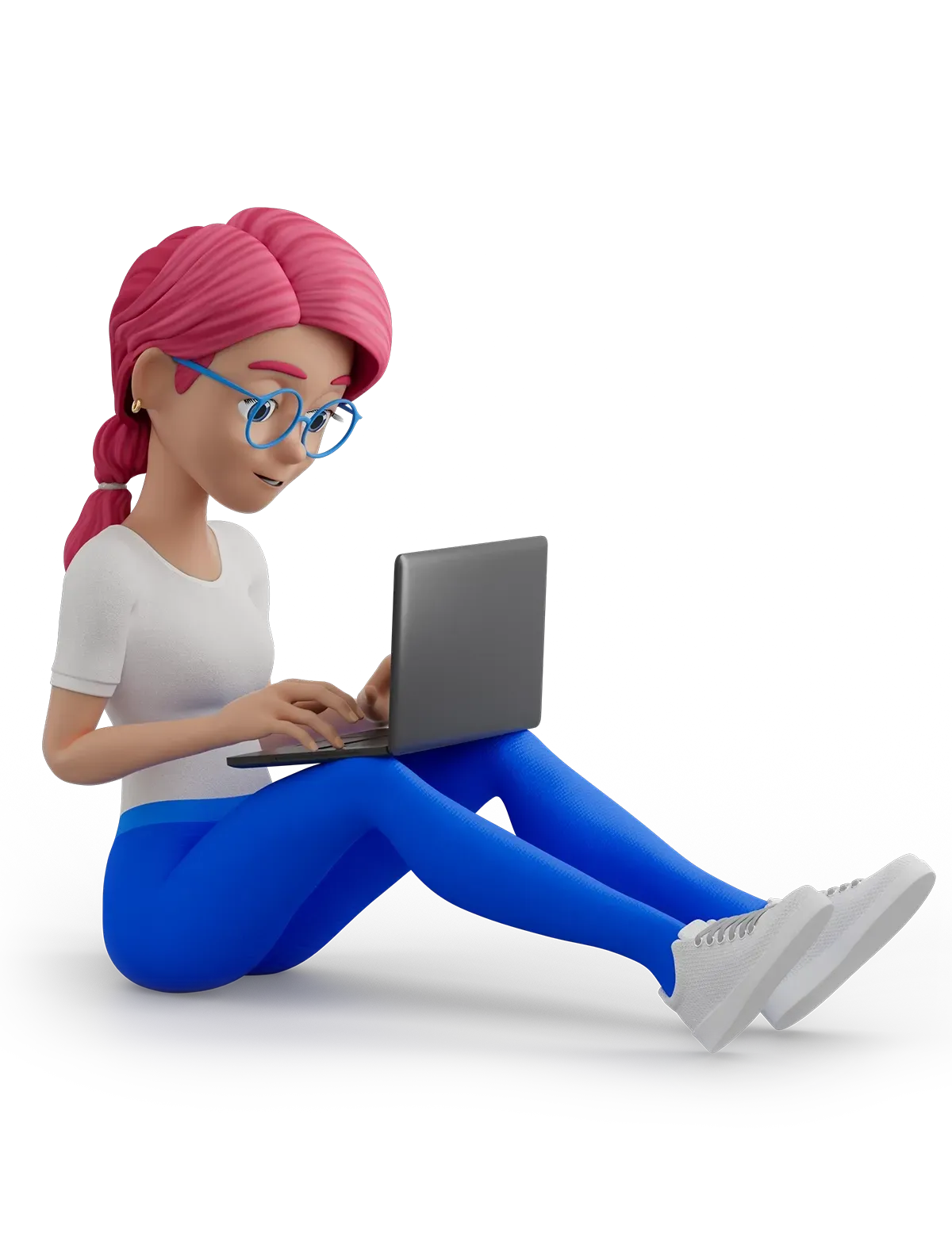 Person with pink hair and glasses using a laptop while sitting on the floor
