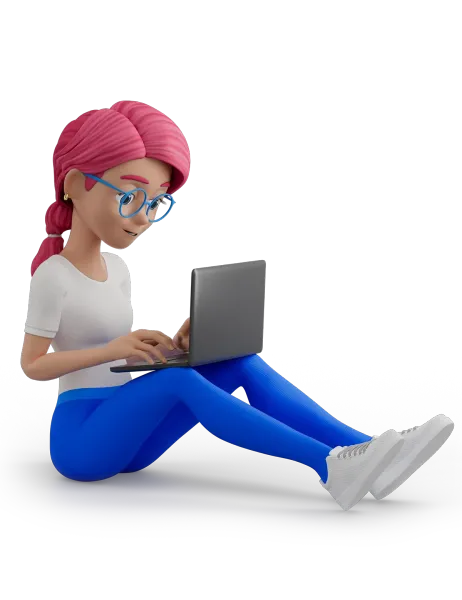 Person with pink hair and glasses using a laptop while sitting on the floor