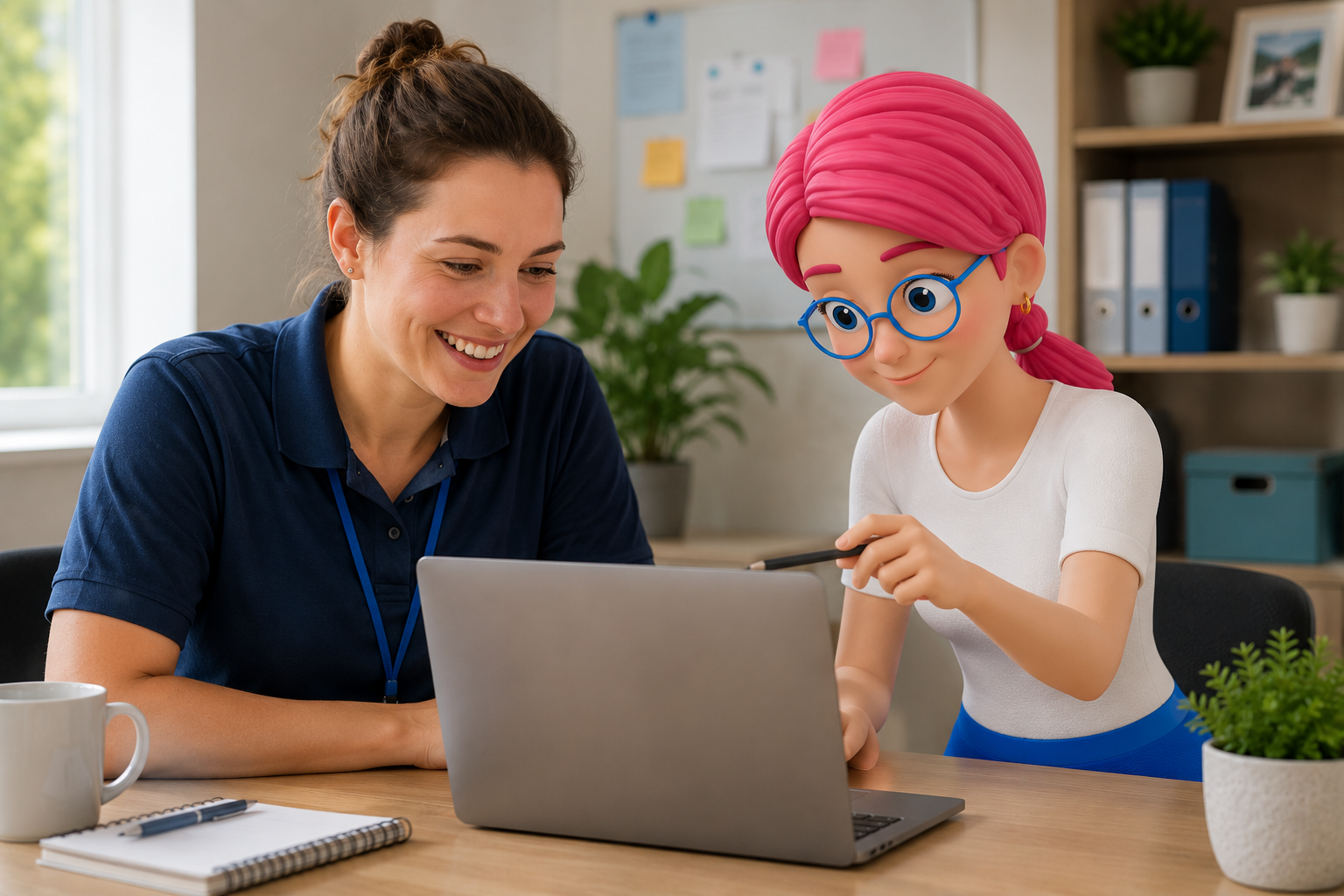 Woman and animated character using a laptop at a desk in a bright office