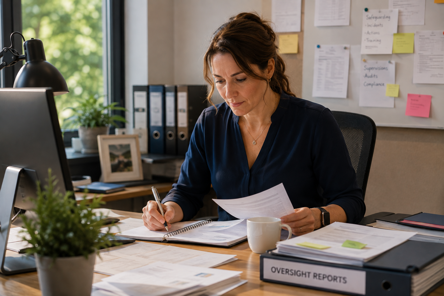 Woman writing at an office desk with papers, folders, and a laptop nearby.