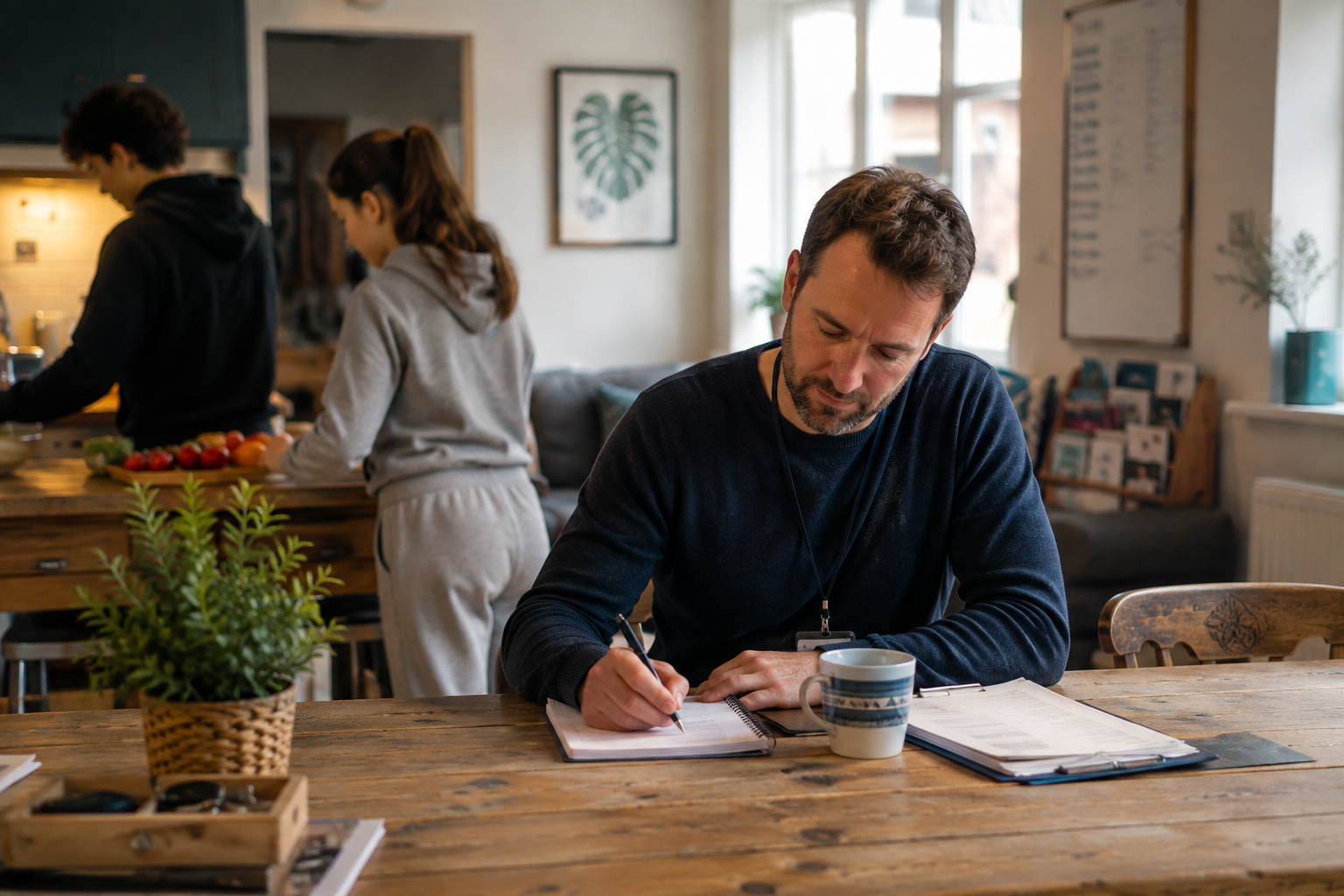 Man writing at a wooden table in a cozy café while two people work in the background