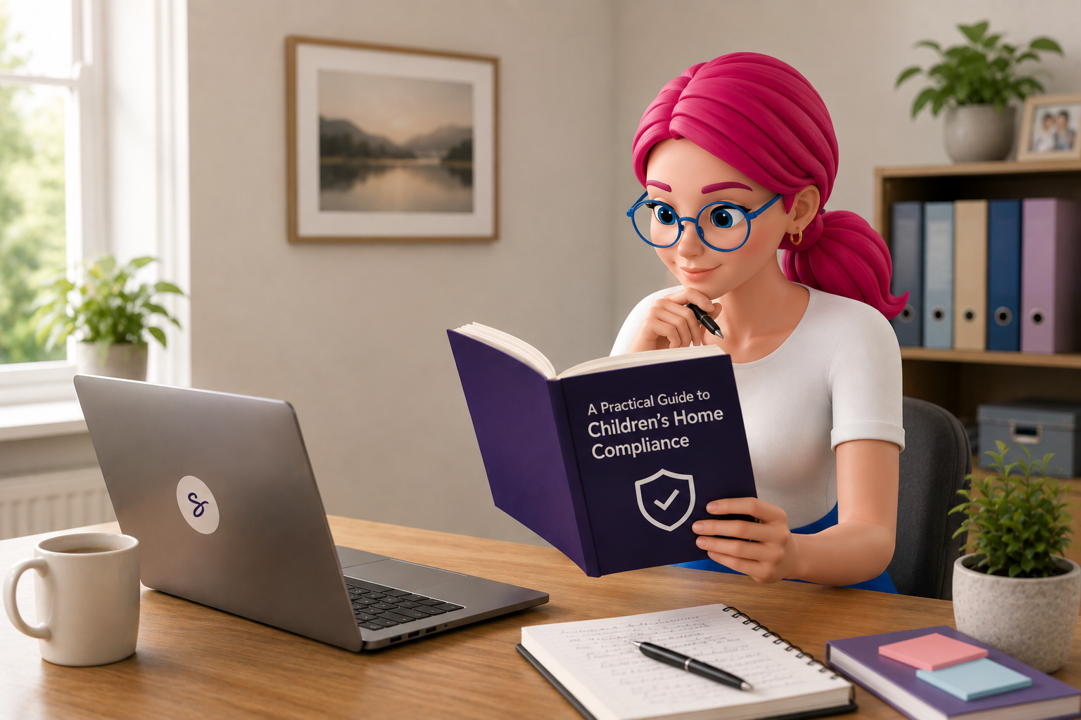 Person studying at a desk with a laptop and notebook, reading a cybersecurity book in a bright home office