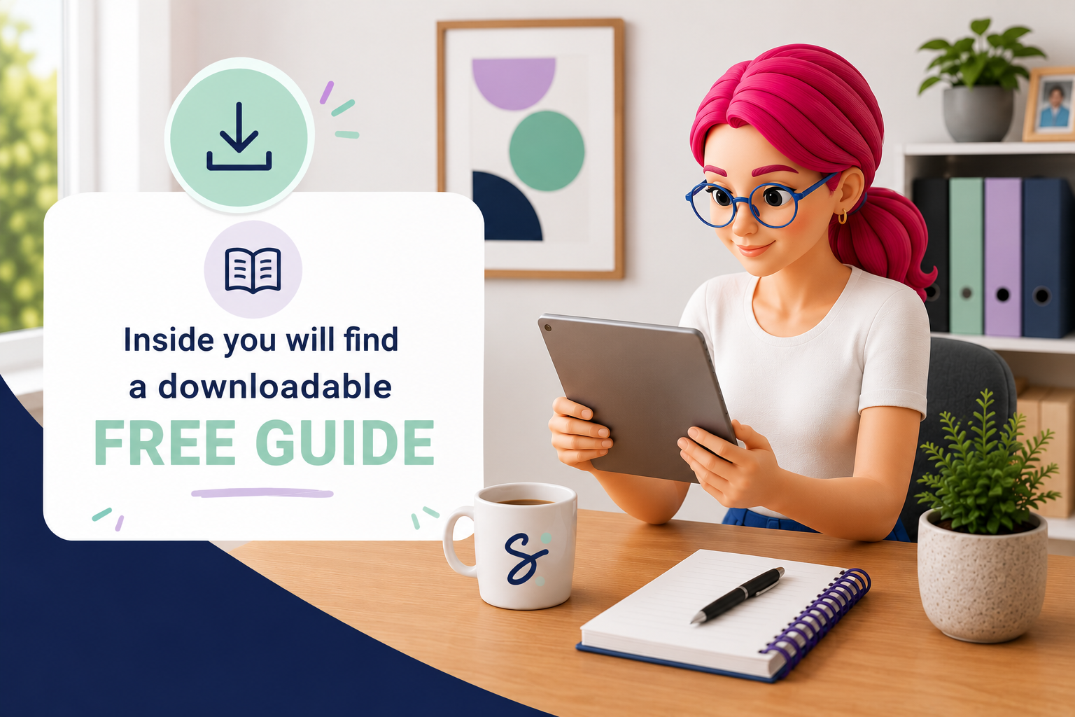 Woman working on tablet at desk with “Inside you will find a downloadable FREE GUIDE” graphic