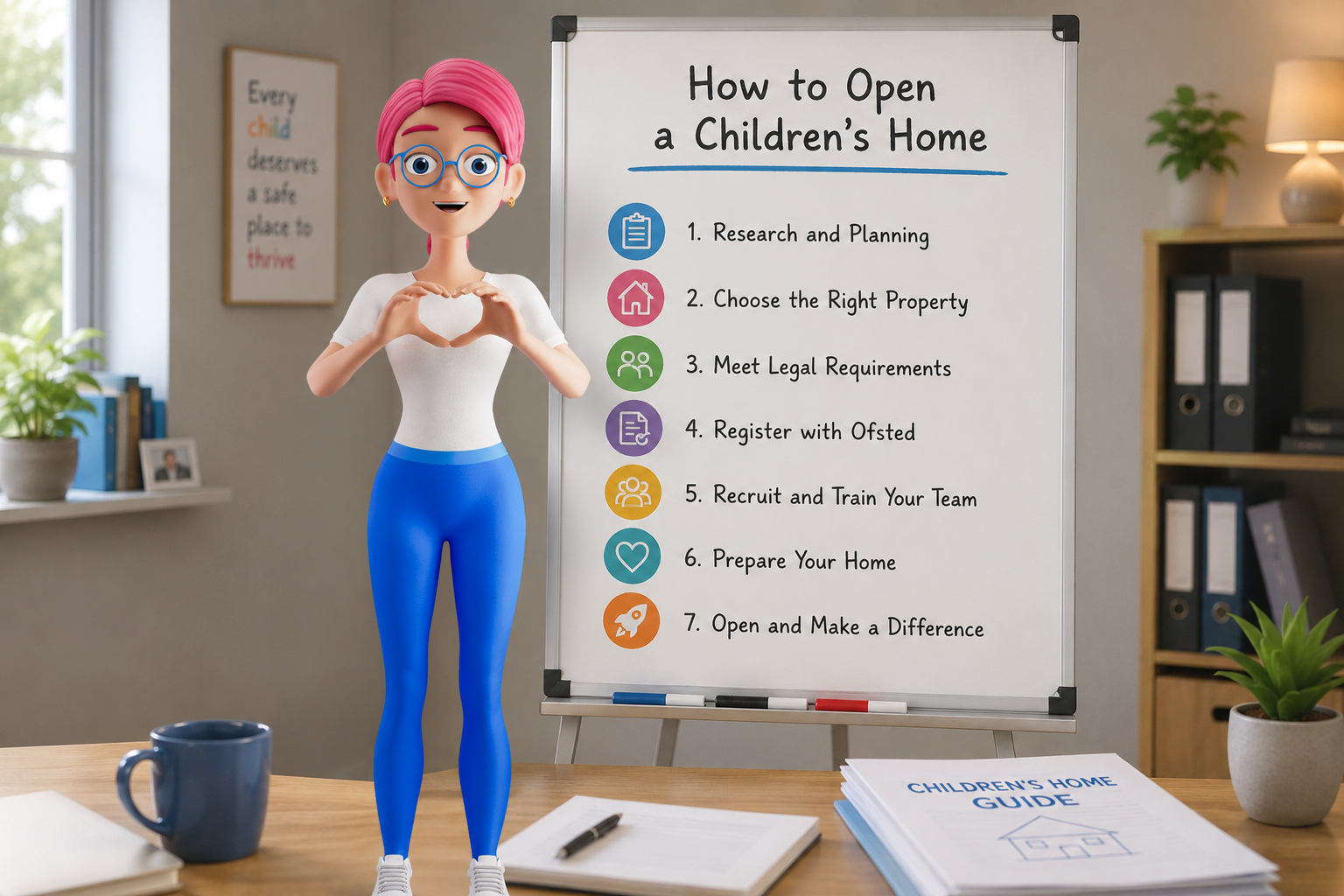 Sue Solutions beside a “How to Open a Children’s Home” checklist in an office setting