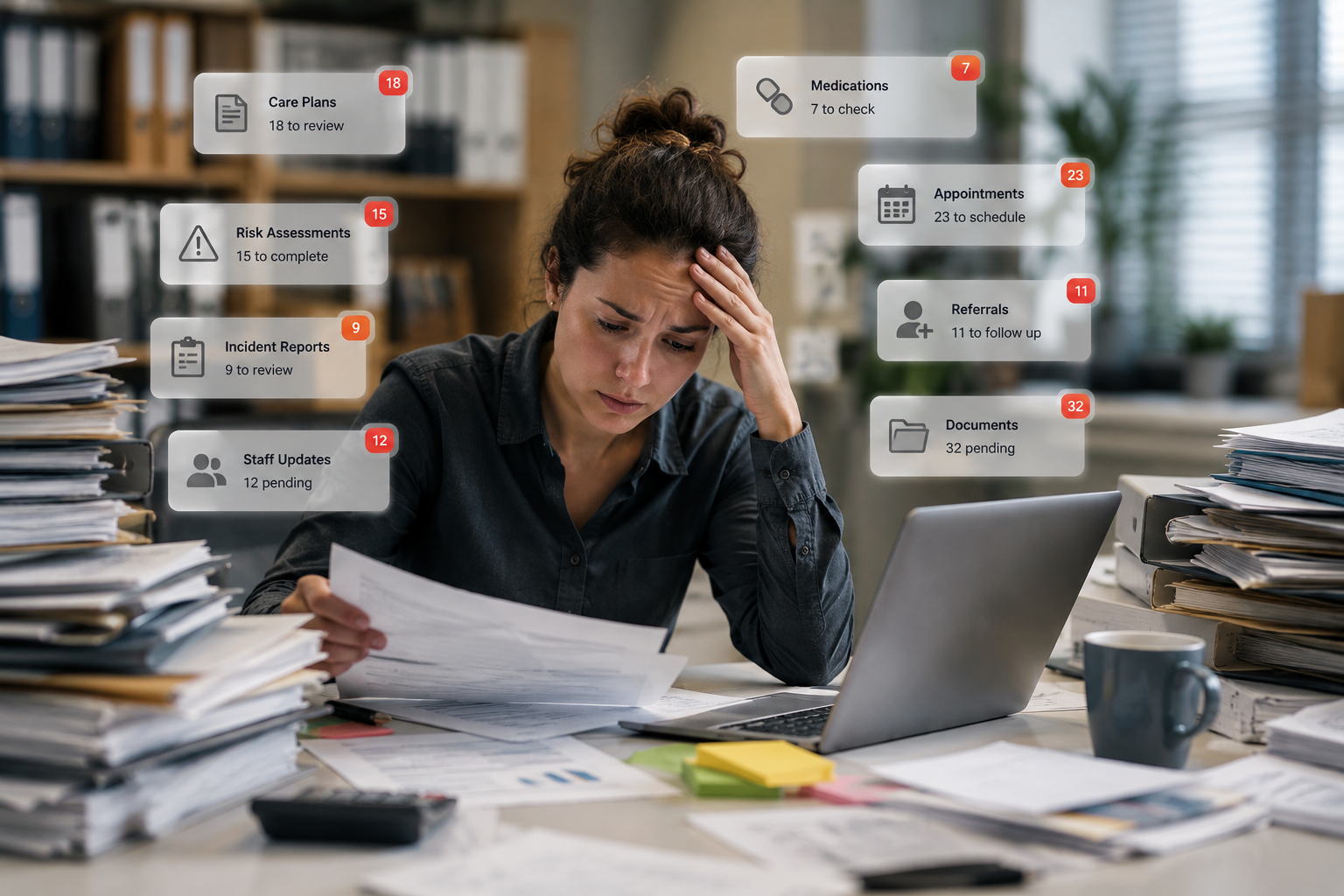 Stressed office worker at a cluttered desk, surrounded by floating notification icons and stacks of papers