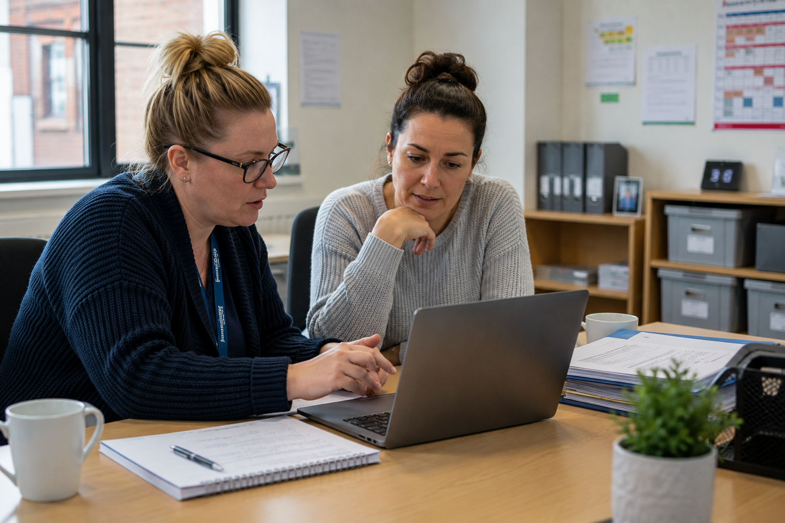 Two coworkers reviewing a laptop together at a desk in an office, with notebooks and a coffee mug nearby.