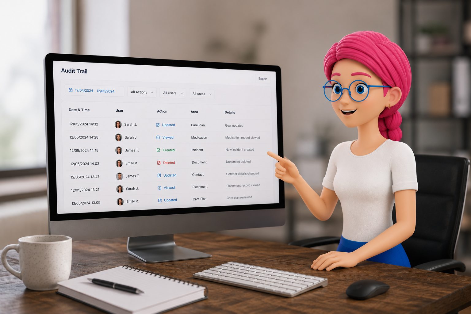Person with pink hair points at a desktop monitor showing a spreadsheet on a wooden desk.