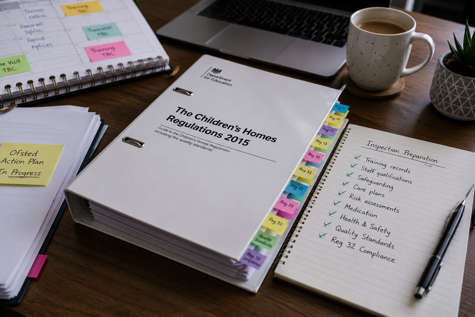 Printed guides and colorful notes on a desk with a laptop, coffee cup, and pen-ready notebook