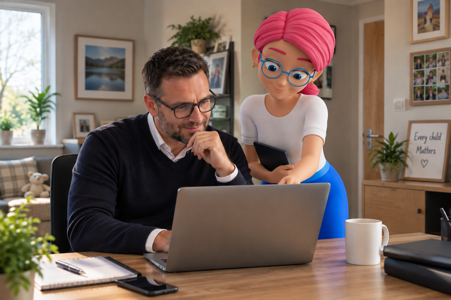 Two people reviewing a laptop at a desk in a bright office, with a coffee mug and plants nearby.