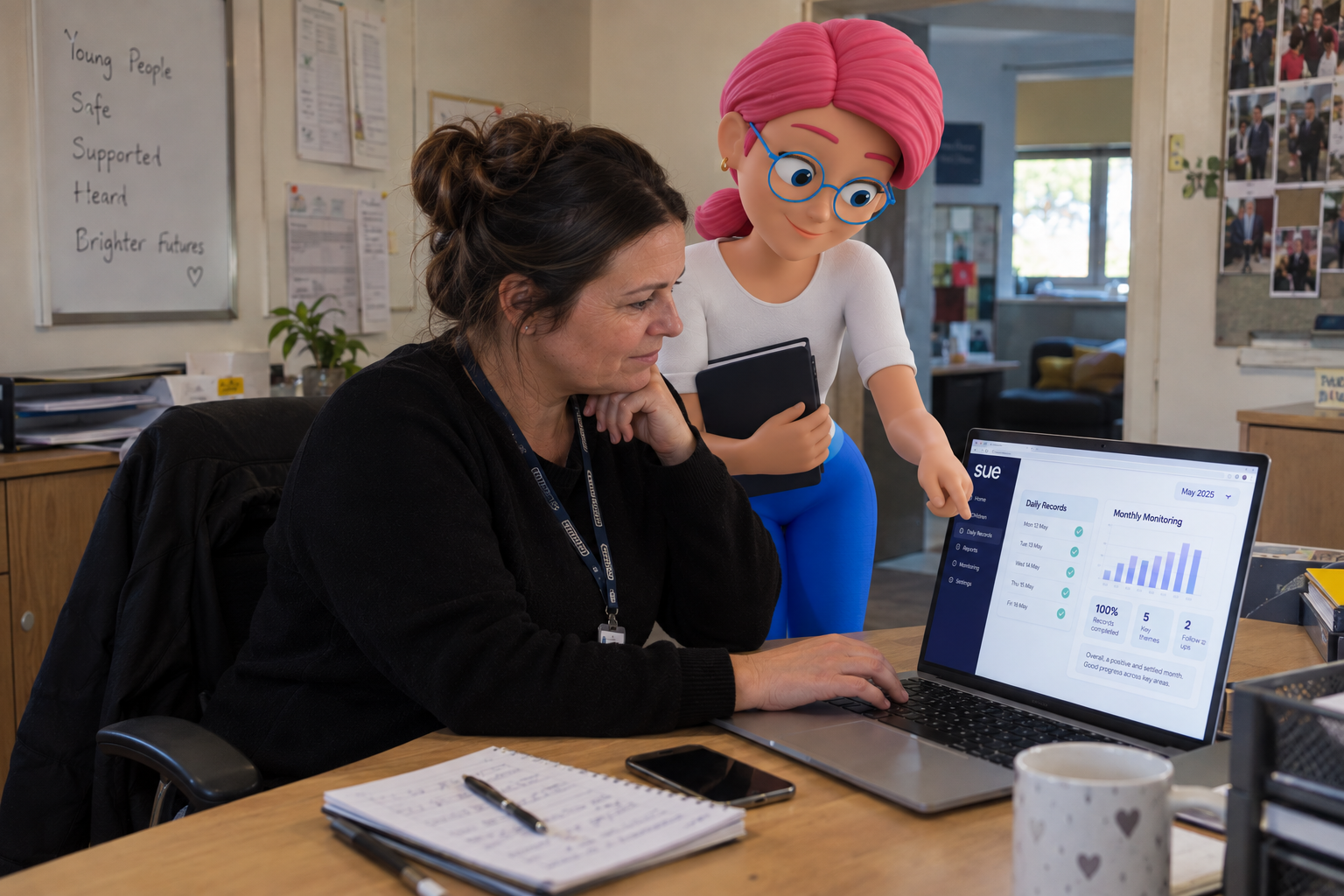 Woman works on laptop while a pink-haired cartoon character stands beside her in an office.