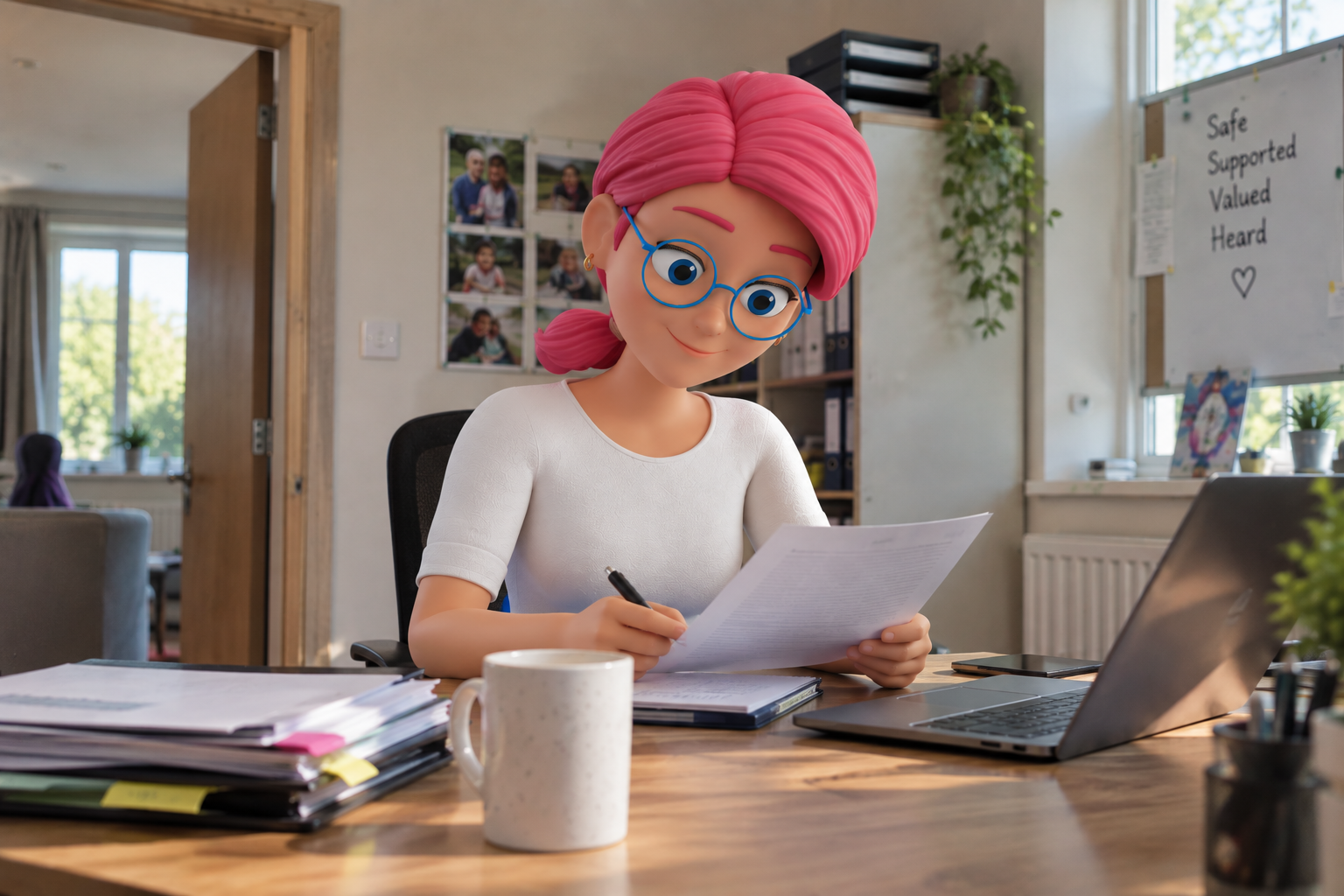 Cartoon person in pink turban reading papers at a desk with laptop and coffee mug in a home office