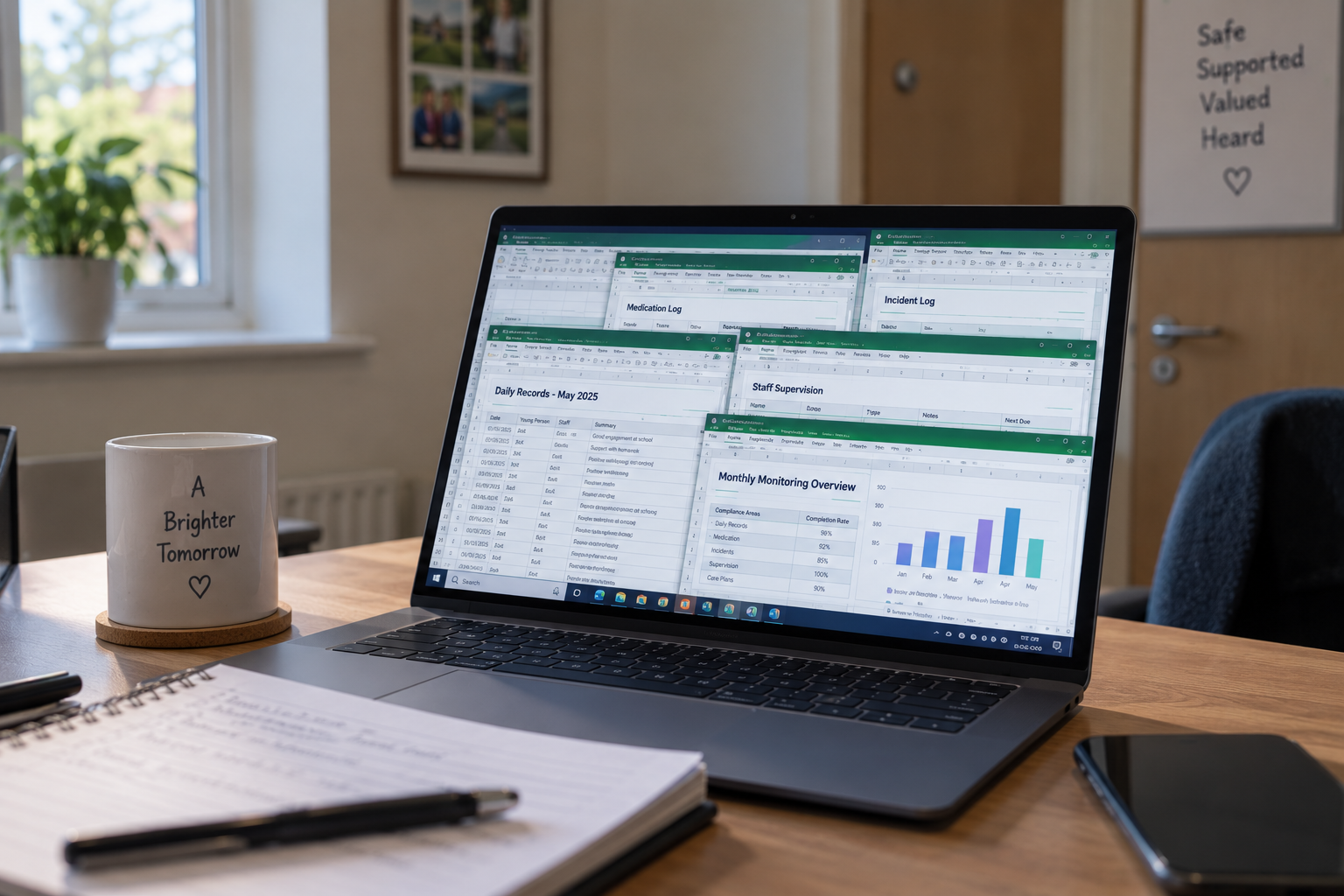 Laptop displaying dashboards on a desk beside a mug, notebook, and phone in an office setting